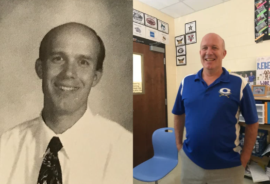 Rawlins in his yearbook photo from 1997 (left) compared to a photo of him in 2023 (right)
